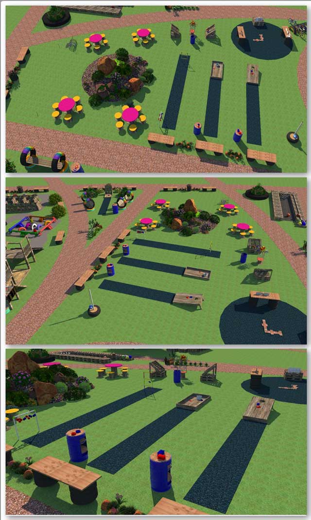 The core team continued Sketchup design for the open source outdoor areas of the Recycled Materials Village (Pod 6). This week we researched information for the DIY outside games, began designing the Kerplunk game, and designed three Toss games, as shown here.