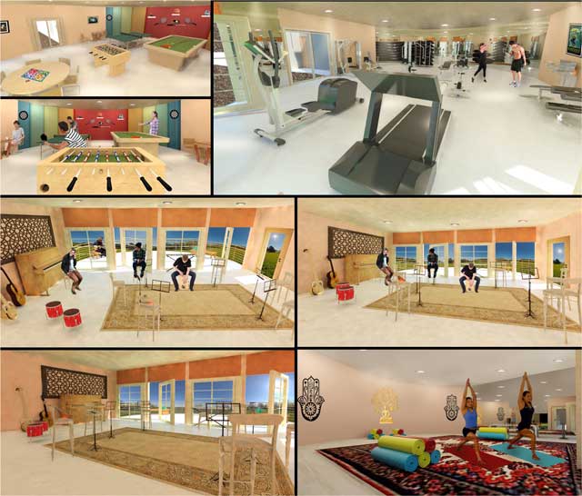 Bupesh Seethala (Interior Designer) created the 2nd version of multiple renders for the Recycled Materials Village (Pod 6) including additions to 2 perspectives for the game room, 1 for the gym, 3 for the music room, and 1 for the yoga room.