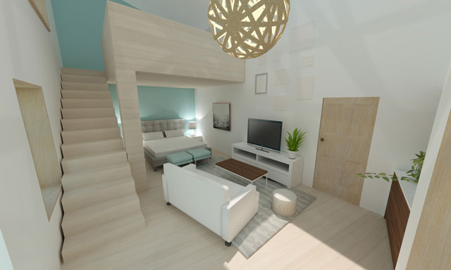 Brianna Johnson (Interior Designer), also continued evolving the renders for the Straw Bale Village (Pod 2). What you see here is the view inside one of the living spaces looking up toward the loft sleeping area
