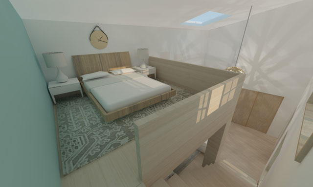 Brianna Johnson (Interior Designer), also continued evolving the renders for the Straw Bale Village (Pod 2). What you see here is the a view from the top of the stairs looking at the loft sleeping area 