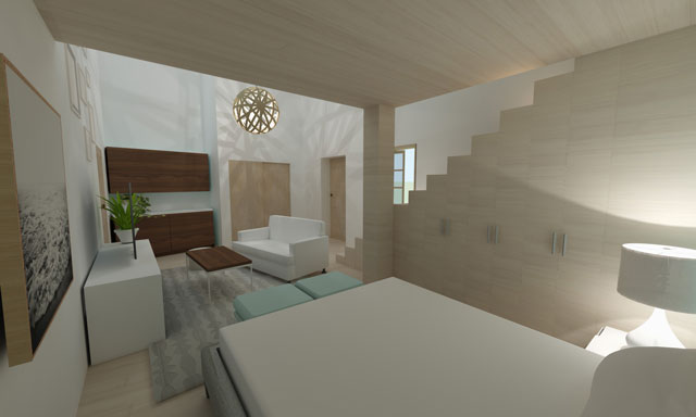 Brianna Johnson (Interior Designer), also continued evolving the renders for the Straw Bale Village (Pod 2). What you see here is the view from the sleeping area under the loft looking outward onto the living room