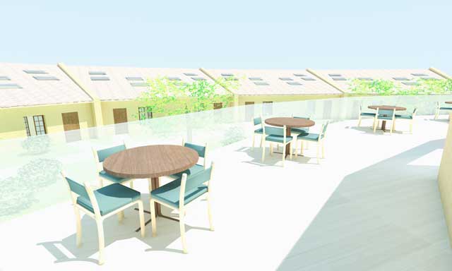 Brianna Johnson (Interior Designer), also continued evolving the renders for the Straw Bale Village (Pod 2). What you see here is the first render for the central 2nd floor patio area looking down. , restoring sustainable balance