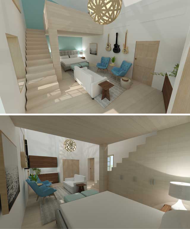 Brianna Johnson (Interior Designer), also continued evolving the renders for the Straw Bale Village (Pod 2). What you see here are two new layouts for the family living spaces with a loft, re-designed to better reflect the sustainability and recreational values of the people who will be living here.