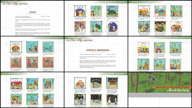 Zachary Melin (Graphic Designer) also continued updating the Tree House Village (Pod 7) book created by last year's intern Team. What you see here are updated information and storyboard pages covering the tourism and event hosting with storyboard artwork compliments of Ana Carolina Salomao Faria (Industrial Design and Service Design Student)., restoring sustainable balance