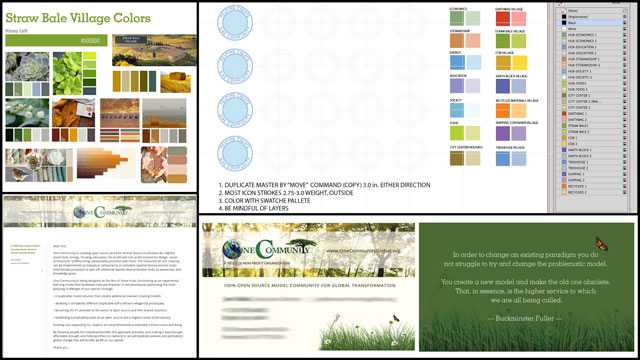 This last week the core team finished our new letterhead and business card designs and also our 2nd-generation exploration of how we'll be presenting the color pallets for the villages themselves, all instructional materials, interior design, future icon creation, etc., designs for a better world
