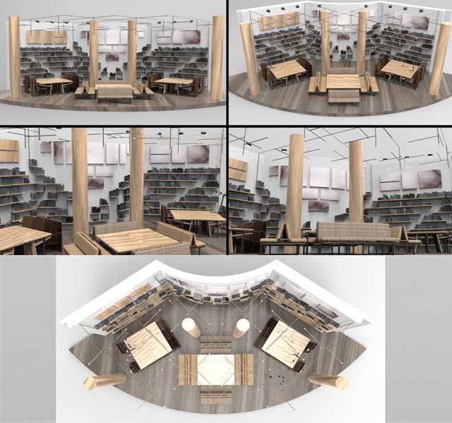 And Iris Hsu, (Industrial Designer), began render-testing the recycled pipe shelving and overhead lighting options for the Duplicable City Center library. What you see here is round #17 of work on these designs that now include books, columns, and furniture layout details.