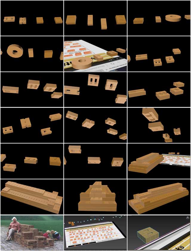 Guy Grossfeld (Graphic Designer) also continued 3D creation of the specific blocks that will be used for the Compressed Earth Block Village (Pod 4). What you see here is his 6th week of this work that also included building our first 3D earth block bench: