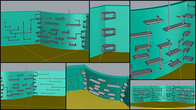 Creating an Ecological Earth, Iris Hsu (Industrial Designer), also continued exploring recycled pipe shelving options for the Duplicable City Center library. What you see here is round #4 of this work building 3-D examples of the corner shelving options we liked best and starting to see how they'll look with different shelving for the adjacent walls.