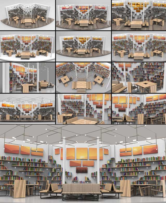 Iris Hsu, (Industrial Designer), continued render-testing the recycled pipe shelving for the Duplicable City Center library. What you see here is round #20 of her work. This week’s focus was colorization of the book elements and testing different art and floor color options.