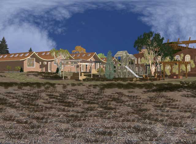 Dean Scholz (Architectural Designer), further developed what’s necessary for us to create quality Cob Village (Pod 3) renders. Here is update 40 of his work continuing to work on external details and providing this initial render of the children’s play area and central view looking Southwest 
