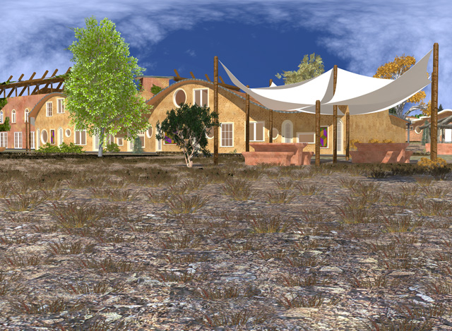 Dean Scholz (Architectural Designer), further developed what’s necessary for us to create quality Cob Village (Pod 3) renders. Here is update 40 of his work continuing to work on external details and providing this final render of the front view looking Northwest