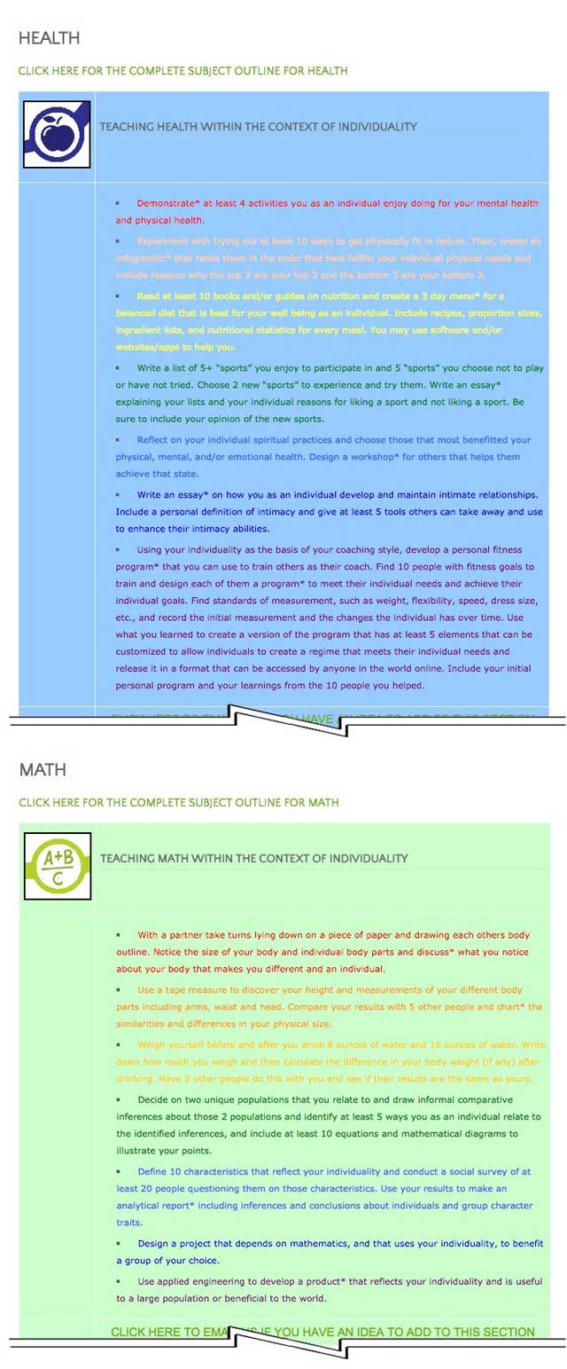 This last week the core team transferred the second 25% of the written content for the Individuality Lesson Plan to the website, as you see here. This lesson plan purposed to teach all subjects, to all learning levels, in any learning environment, using the central theme of “Individuality” is now 50% completed on our website.