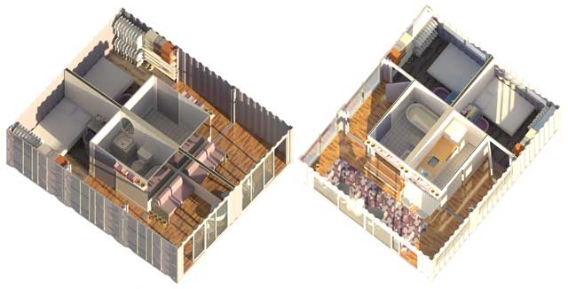 Yee-Cheng Ho (Interior Designer) also finished her 4th week of helping by creating these new 1st-generation views of the Shipping Container Village (Pod 5) Unit Type 2 as they are planned for in the village (left), and this view of how these will be able to be open sourced as a 2-bedroom home option too (right).