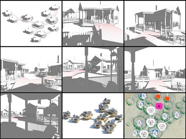 Jiming Chen (Designer with his Master’s in Architecture and BA in Engineering) also continued helping develop the Tree House Village (Pod 7). What you see here is his 2nd week of this work focusing on developing the complete layout of this village to better determine the walkway layouts and where the fire escapes should best be placed.