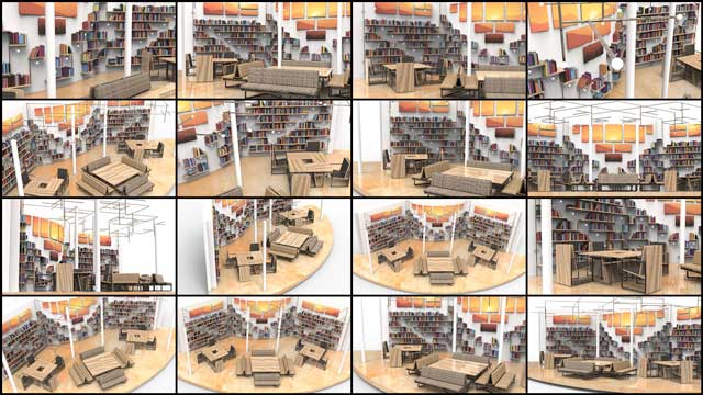 Iris Hsu, (Industrial Designer), also finished render-testing the recycled pipe shelving for the Duplicable City Center library. What you see here is round #22 of her work producing this diversity of final renders and perspectives for what the library will look like incorporating all of her shelving, table, couch and chair designs.