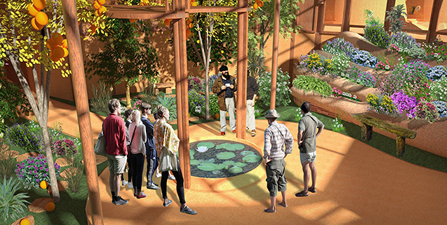 One Community Tropical Atrium, Final Render, view looking Northeast with people added