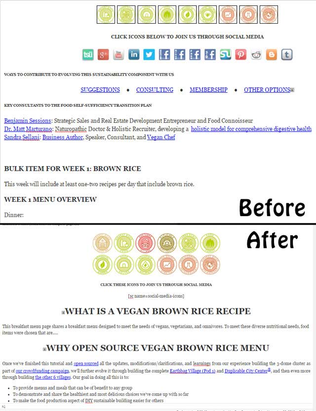 This week, the core team began to reformat and add sections and anchor links to recipe pages for our Transition Kitchen strategy. You can see a before and after image of a sample of that work here, on the vegan rice recipe page: