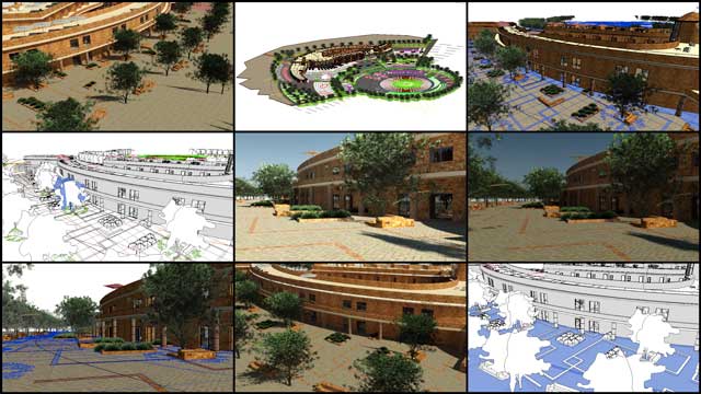 Hamilton Mateca (AutoCAD and Revit Drafter and Designer) also finished his 36th week helping with the Compressed Earth Block Village (Pod 4) design and render details. This week’s focus was final placement of the front benches, planters, and brick patterns and beginning the addition of the back landscape details too, as shown here.