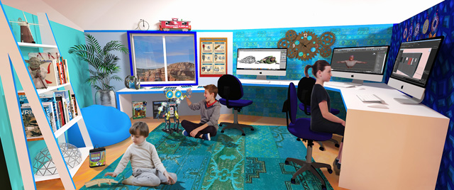 Guy Grossfeld (Graphic Designer) also continued adding people and elements from the Learning Tools and Toys research we’ve done to create these two final renders of the blue and and indigo rooms from The Ultimate Classroom.