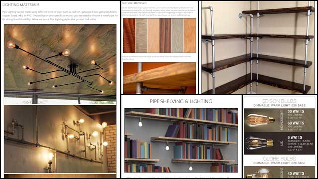 New-World Human Progress, One Community pipe furniture, blog 226, This week, the core team continued work on the DIY Pipe Furniture tutorial page. This week we created two Materials images for the Pipe Shelving section and the Shelving Downloads button image. We also merged the Pipe Shelving and the Pipe Lighting into one section and created a new Pipe Lighting collage and added it to the page. Additionally, we added 3 more images to the Pipe Shelving & Lighting Diagrams section.