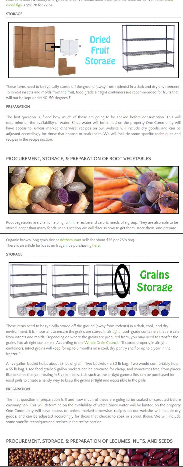 This week, the core team did the calculations and created images for the storage details for two bulk goods sections on the Food Self-sufficiency Transition Plan page. We did one section for grains and one for dried fruits, and added the images to the page as you see here: