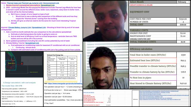 Aravind Vasudevan (Mechanical Engineer) and Vamsi Pulugurtha (Mechanical Engineer) also continued work on their thermal lag and climate battery research and reports for the City Center Heating and Cooling open source hub. What you see here are pictures from our weekly collaborative call and some of their work on the fan and heat transfer calculations.