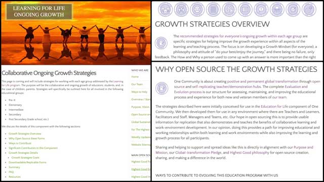 This week, the core team continued adding to the education Evaluation and Evolution process open source pages and tutorials. This week we created the formatting and began entering the content for the Collaborative Ongoing Growth Strategies page, as you can see here.