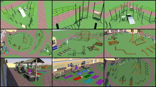 Localized ecology, recycled materials village, One Community blog 250, The core team continued Sketchup design for the open source outdoor areas of the Recycled Materials Village (Pod 6). This week we finished designing the fitness stations, updated the benches in the yoga area, and continued working on the main equipment area.