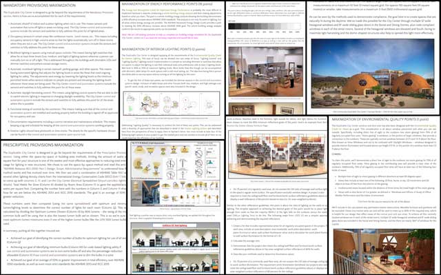 The core team finished the final 10% of the LEED lighting tutorial details for the lighting design of the City Center and all other One Community structures. This week we added additional formatting, images, and finished the case study section that explains how we're applying all the LEED suggestions in the City Center.