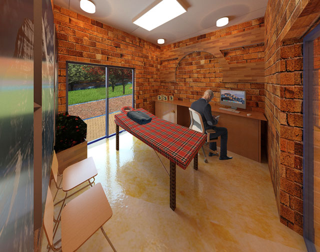 Compressed Earth Block Village Massage Room Looking south with People, Dan Alleck, One Community, blog 265