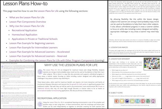 This week, the core team returned to developing the Lesson Plans How-to tutorial page. We finished the "Why Use the Lesson Plans for Life" section including sections on Recreational Application, Homeschool Application, and Applications in Private or Traditional Schools.