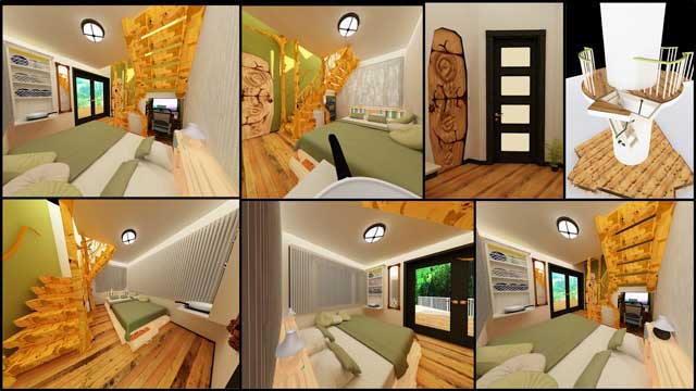 Mihaela “Michelle” Pinzaru (Interior Designer and Architectural Drafter) also completed her 9th week working on the Tree House Village (Pod 7) residential designs and renders. This week she continued finalizing the final texturing and lighting details for the complete interior, as shown here.