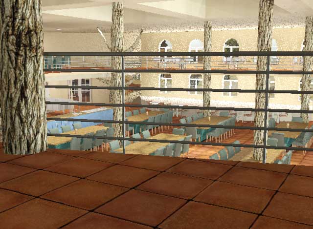 Dean Scholz (Architectural Designer) continued with the Cob Village (Pod 3) render updates. Here is update 111 of Dean’s work. This week Dean began working on the textures and lighting for this new “Dining Hall View from the 2nd Floor.”