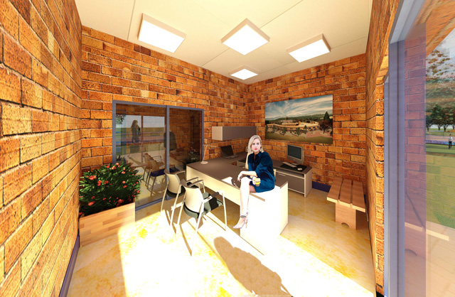 One Community Earth Block Village Office, Final Render with people, Compressed Earth Block Village, Creating Eco-Permanence, One Community Weekly Progress Update #269