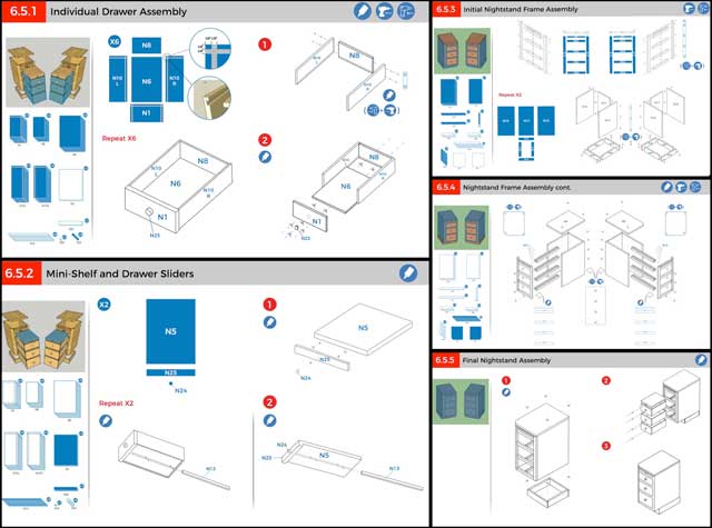 Shadi Kennedy (Artist and Graphic Designer) completed his 5th week leading the development of the Murphy bed instructions. This week Shadi finished the rest of our updated layout for the 5-page assembly instructions for the night stands. You can see these here as version 3.2 of these designs.