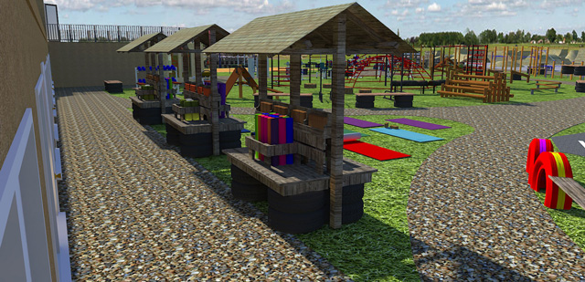 Recycled Materials Village Landscaping, outdoor library area, outdoor dining area, outdoor art area, outdoor game area, outdoor exercise area, recycled art area, recycled games area, recycled reading area, recycled dining area, recycled exercise area, recycled materials, building with tires, building with pallets, construction with recycled materials, Creating Eco-Permanence, One Community Weekly Progress Update #269