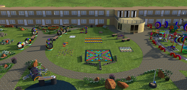 Recycled Materials Village Landscaping, outdoor library area, outdoor dining area, outdoor art area, outdoor game area, outdoor exercise area, recycled art area, recycled games area, recycled reading area, recycled dining area, recycled exercise area, recycled materials, building with tires, building with pallets, construction with recycled materials, Creating Eco-Permanence, One Community Weekly Progress Update #269