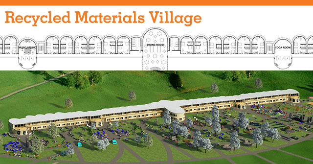Recycled materials village header, earthship-inspired village, tire construction, recycled building, eco-living