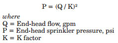 End-head pressure equation, sprinkler design