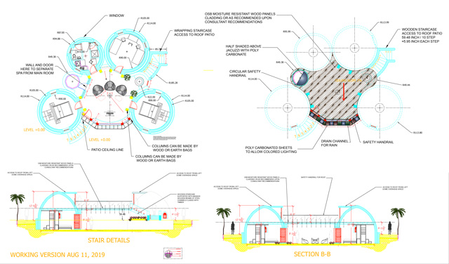 Earthbag Village 4-dome cluster roof and floor plan updates, Adaptable Solutions for a Sustainable World, One Community Weekly Progress Update #347