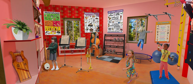 Ultimate Classroom, red room, vitality, strength, the physical nature of all things, percussion instruments, animal pictures, Health, Mindfulness, Fun, Interconnectedness