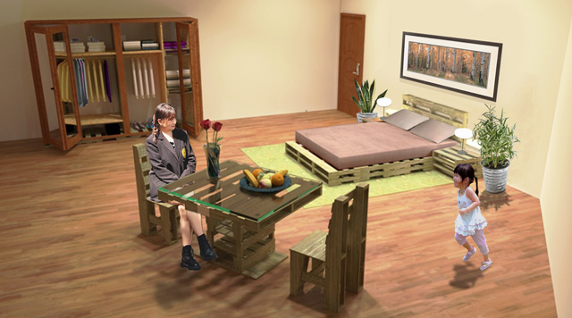 One Community Duplicable City Center Guest Residence final render, pallet furniture, pallet table, pallet bed