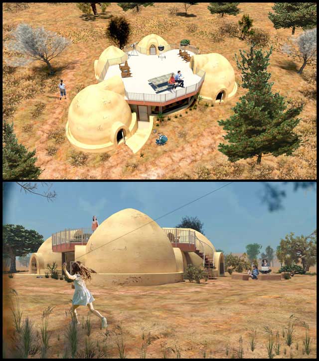 Earthbag Village 4-dome cluster renders, Designing a More Sustainable World, One Community Weekly Progress Update #424