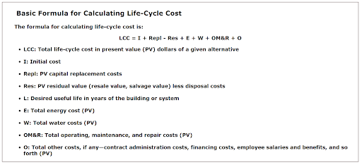 Calculating life-cycle cost, basic formula for calculating life-cycle cost, life-cycle cost analysis and assessment, LCCA, economic analysis that compares the initial cost, future cost, and user delay cost, formula for calculating lifecycle cost