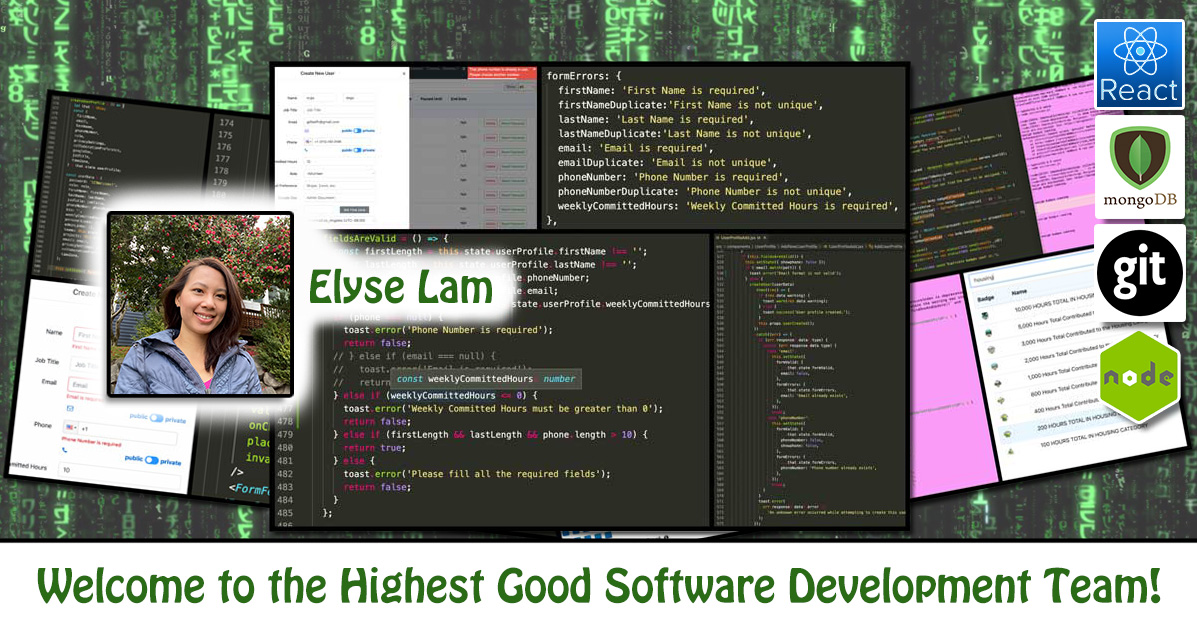 Elyse Lam, software engineering, Highest Good Network, HGN App, debugging, One Community Volunteer, Highest Good collaboration, people making a difference, One Community Global, helping create global change, difference makers
