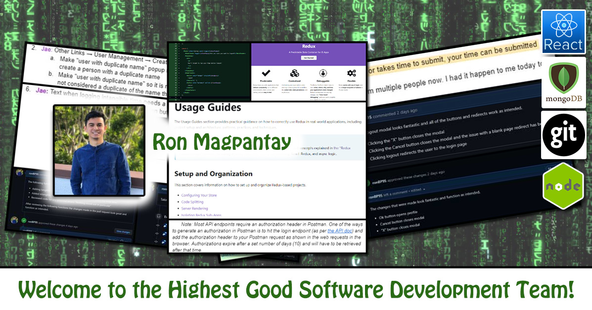 Ron Magpantay, software engineering, Highest Good Network, HGN App, debugging, One Community Volunteer, Highest Good collaboration, people making a difference, One Community Global, helping create global change, difference makers