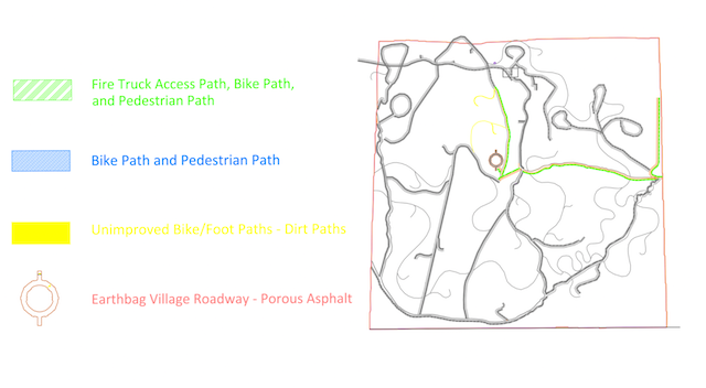 Selected Roadways Unlimited Expense Plan, fire truck access path, bike path, pedestrian path, unimportant bike / foot paths, earthbag village roadway