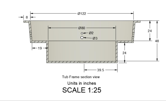 tub frame section view, spa foundation, convection, evaporation, conduction, scale
