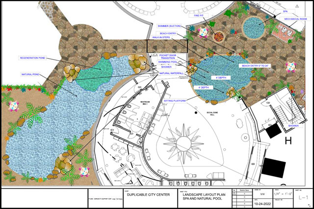 Natural Pool, Eco Hot Tub layout, re-generation pond, natural pond, sitting platform, Sego Center City hub, landscape layout plan, natural pool and eco hot tub layout