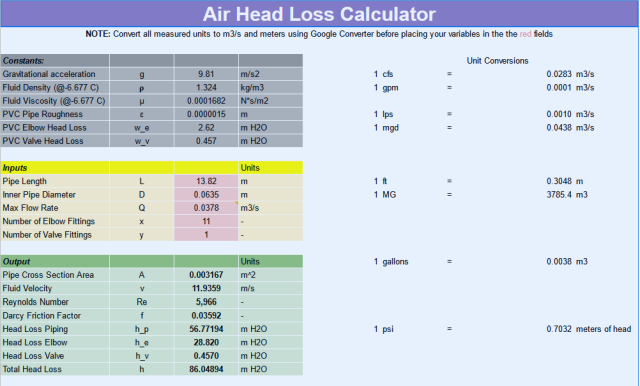 Air head loss calculator, constants, inputs, outputs, unit conversions